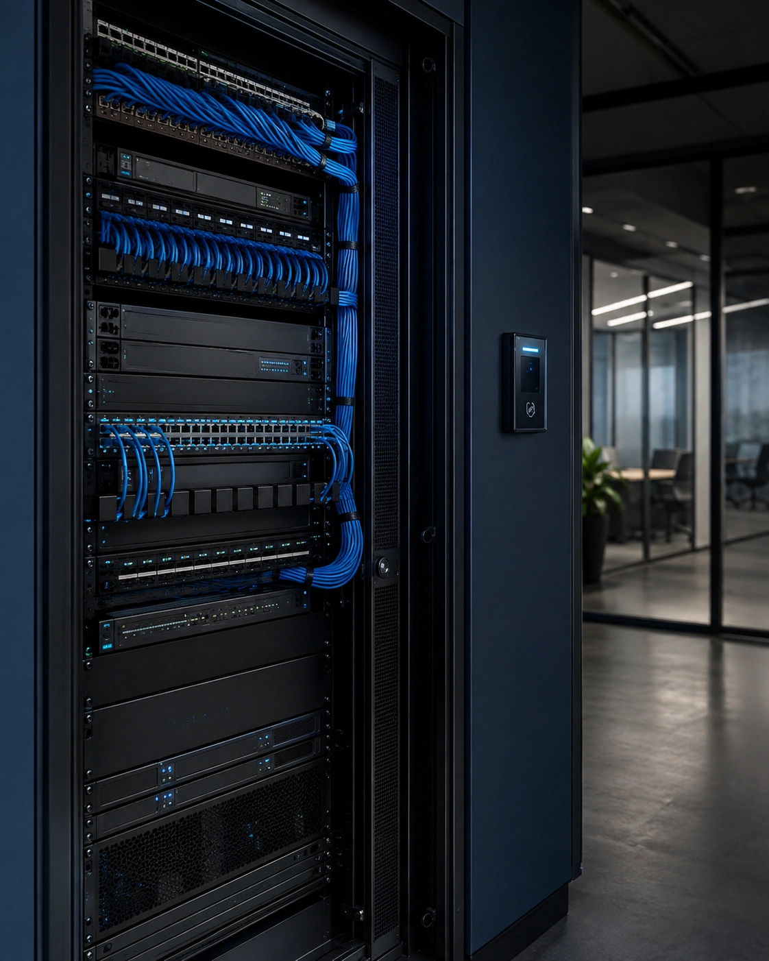 Professionally installed business network infrastructure with organized cabling and access control